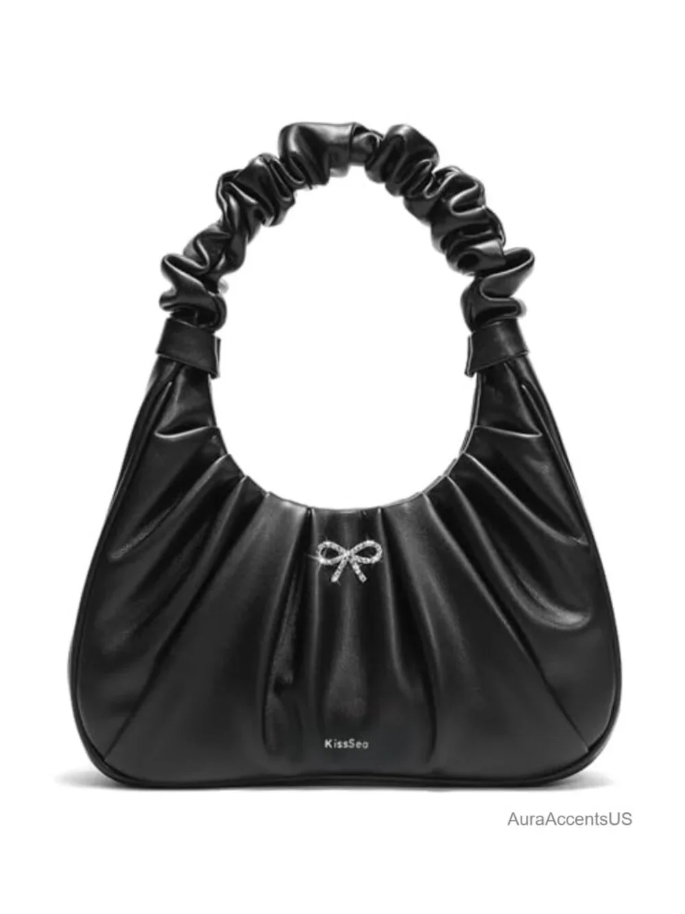Crescent Ruched Hobo Bag with Rhinestone Bow - Soft Vegan Leather Shoulder Purse